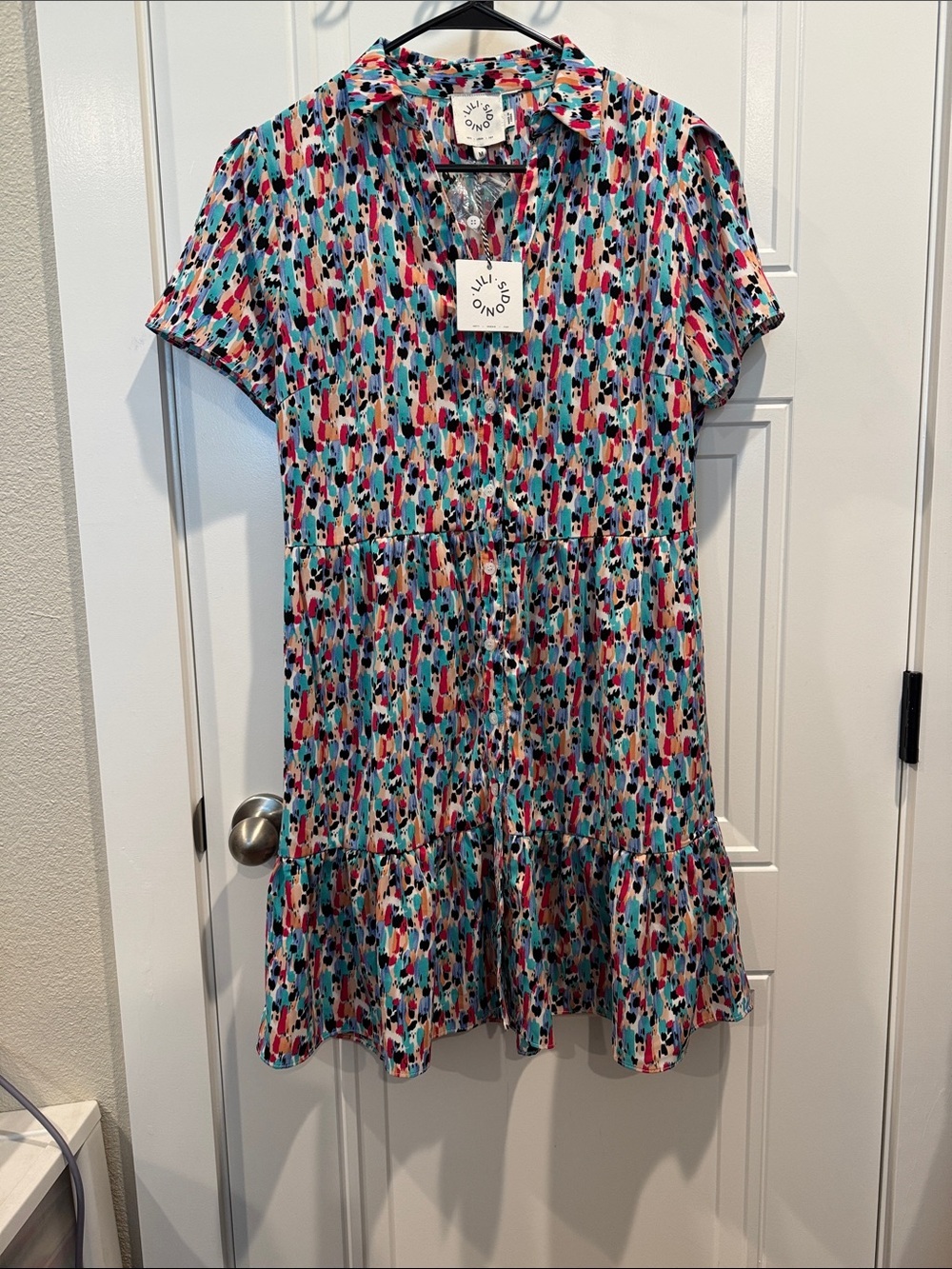Multi-Spot Short Sleeve Tiered Casual Dress in Blue and Pink